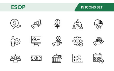 Outline icons about ESOP employee stock ownership plan. Contains such icons as company, win-win, scheme and benefits.