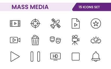 Mass media outline vector icons large set isolated on white background. media business concept. Media outline icons set.