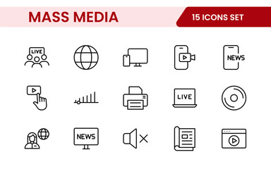 Mass media outline vector icons large set isolated on white background. media business concept. Media outline icons set.