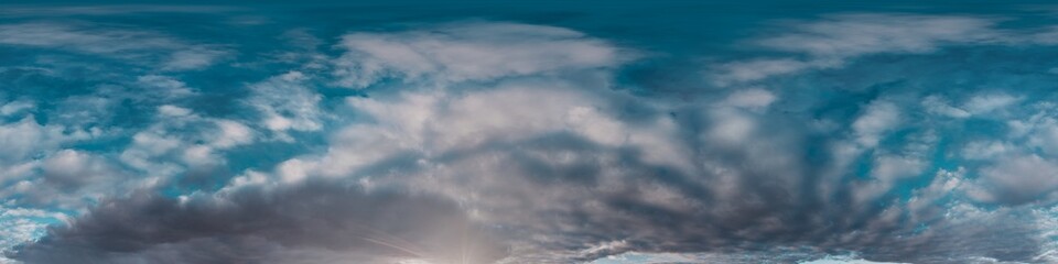 Sunset sky with bright glowing pink Cumulus clouds. Seamless spherical HDR 360 panorama. Full zenith or sky dome in 3D, sky replacement for aerial drone panoramas. Climate and weather change.