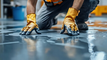 Construction Worker Spreading Epoxy Resin on a Concrete Floor in a Commercial Building