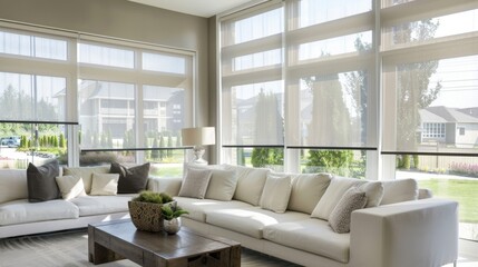 Fototapeta premium Minimal Window Treatments: Featuring simple blinds or sheer curtains, these treatments offer flexibility in light control while maintaining a tidy appearance, showcasing the outdoors. 