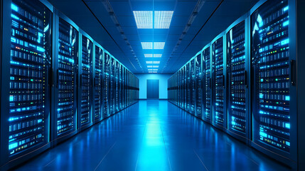 Modern Data Center Houses Rows of Servers with Blue Lights