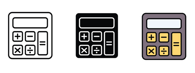 Three basic calculator icons in outline, silhouette and in editable color, unexpected vector form is availabe in source file