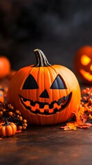 Fototapeta premium Spooky Halloween Pumpkin Jack o Lantern on Autumn Background with Leaves and Corn