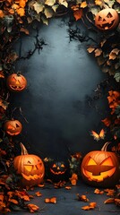 Spooky Halloween Pumpkins and Autumn Leaves on Dark Grunge Background with Copy Space