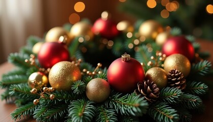 Fototapeta premium Holiday wreath decorated with gold and red ornaments in a sharp close-up for a festive and elegant holiday theme.