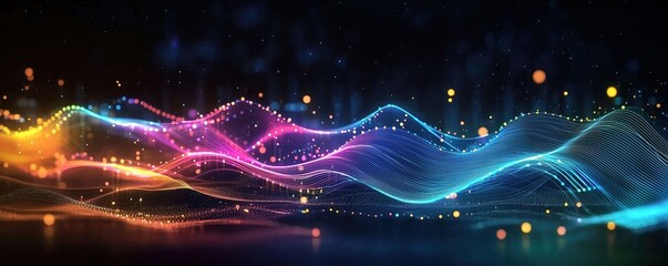 Obraz premium Futuristic digital landscape with multicolored waves symbolizing abstract data flow illuminated by glowing dots, evoking concepts of artificial intelligence, machine learning, quantum computing, 