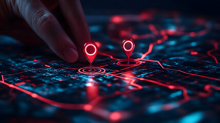 Naklejka premium Finger Selecting Red Location Pin on Futuristic Digital Map Display.