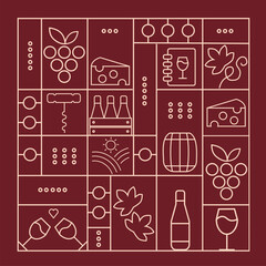 Wine pattern with  wine glasses, wine bottles, cheese, corkscrew, cork and abstract design elements in simple geometric style. Good for branding, decoration of wine package, cover design, menu.
