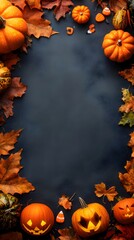 Autumnal Halloween Pumpkin and Fall Foliage Decorative Backdrop with Copy Space