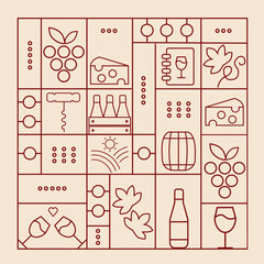 Wine pattern with  wine glasses, wine bottles, cheese, corkscrew, cork and abstract design elements in simple geometric style. Good for branding, decoration of wine package, cover design, menu.

