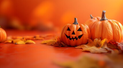 Spooky Halloween Pumpkin in Autumn Leaves Backdrop with Moody Atmosphere