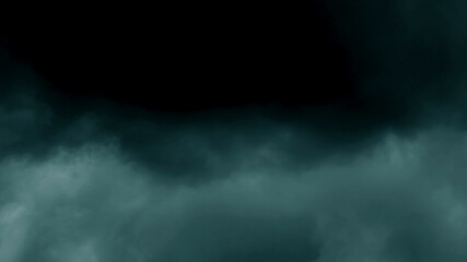 Dramatic stormy sky. Thunderstorm scary cloud in rainy season. Carbon dioxide, pollution, PM 2.5 and Halloween concepts. Dark blue green background. Nature backdrop. 