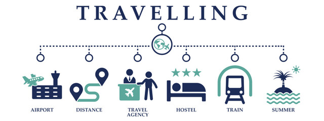 Travelling web banner icons collection. Containing icon of airport, distance, travel agency, hostel, train and summer. For sign, symbol, presentation, infographics, or web graphics