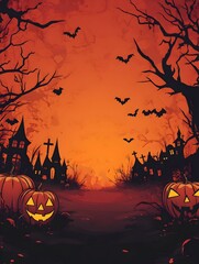 Eerie Halloween Landscape with Haunted House  Pumpkins  and Bats Against Dramatic Orange Sky