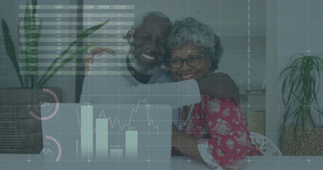 Image of data processing over diverse senior couple using laptop