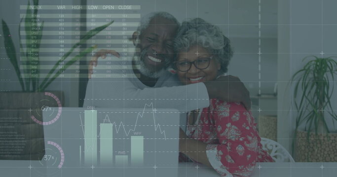 Image of data processing over diverse senior couple using laptop