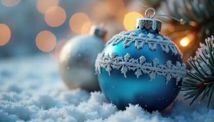 Silver and blue bauble with frosted details captured in a close-up for a frosty and festive holiday aesthetic.