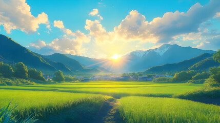 Obraz premium Scenic Mountain Range View with Green Rice Paddy Fields and a Sun Setting Over the Horizon with Sun Rays, a Tranquil Landscape Image