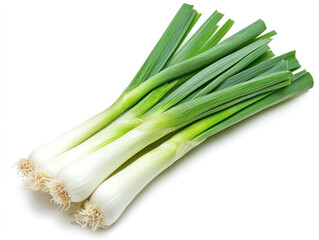 super fresh Japanese leek with a focus on the crisp, green leaves and smooth white stalk, isolated on white background. Generative AI