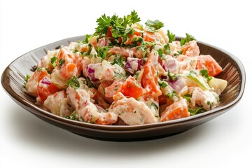 A dish of chicken salad with mayonnaise, including shrimp and vegetables on a white background.