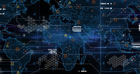 Image of connections and data processing with world map over dark background