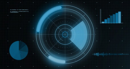 Image of data processing and scope over dark background