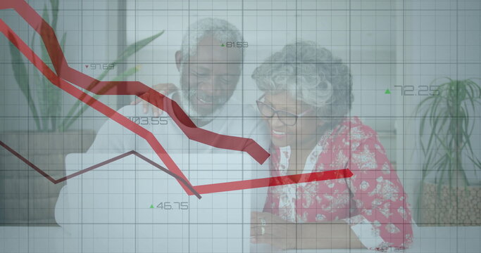 Image of data processing over diverse senior couple holding documents