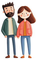 Stylized illustration of a couple standing together in casual attire with a friendly demeanor isolated on transparent background.