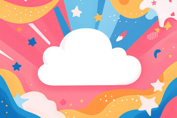 A large white cloud is centered in vibrant illustration filled with colorful swirls, stars, and playful shapes, creating cheerful and whimsical atmosphere