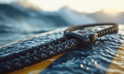 Close up of a black leash attached to a surfboard with the ocean in the background.