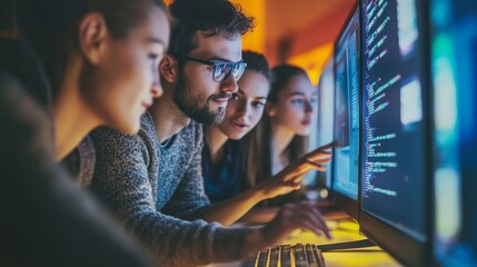 A group of diverse individuals collaborates on coding at computer screens in a dimly lit environment, highlighting teamwork and technology.