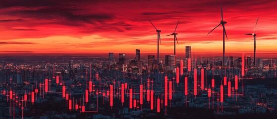 Fototapeta premium A dramatic skyline at sunset featuring wind turbines and a red stock market graph, highlighting the intersection of renewable energy and economic trends.