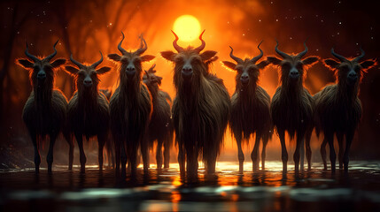 A Herd of Antelope Walk Through a River at Sunset With a Golden Glow