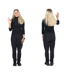 .front and back view of same woman waving on white background