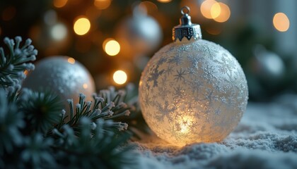Christmas bauble with frosted glass and silver detailing showcased in a close-up for an elegant holiday decor idea.