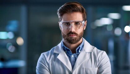 Confident Young Scientist in a Modern Laboratory, Wearing Protective Goggles and Lab Coat, Staring Intently at the Camera, Symbolizing Research and Innovation in a High-Tech Science Environment