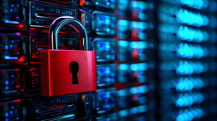A Red Padlock Secures A Row of Server Racks in a Data Center, Emphasizing the Importance of Digital Security.