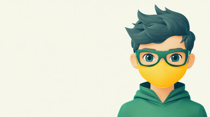 3D cartoon illustration of a young man wearing a yellow face mask.