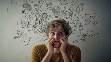 Fototapeta premium A person with a distressed expression sits in front of a chaotic wall of doodles, illustrating feelings of anxiety and overwhelm.