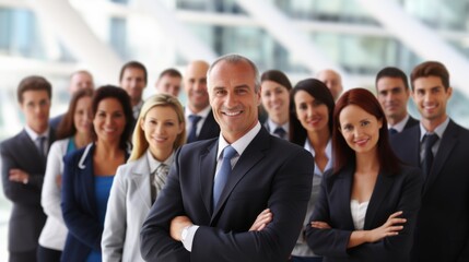Fototapeta premium A confident business group in formal attire, symbolizing teamwork and success, stand together in a modern conference setting.