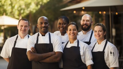 Chefs in outdoor aprons exude confidence and unity against a green, lush backdrop, embodying culinary dedication.