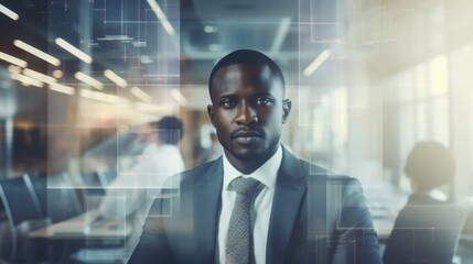 Fototapeta premium A poised businessman in a suit, surrounded by digital elements and a bustling office, symbolizes modern corporate dynamism and innovation.