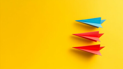 Fototapeta premium Three Colorful Paper Airplanes Flying in Formation on Yellow Background