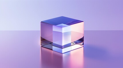 A single reflective cube on a minimalist background with a gradient of purples.