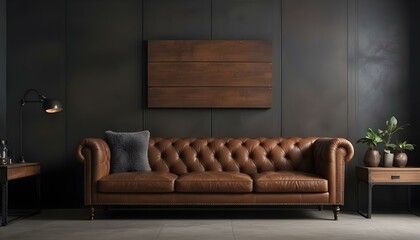Fototapeta premium Large brown leather tufted sofa in a modern industrial-style living room with a dark wood and concrete wall background.
