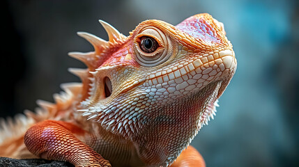 Obraz premium A Close-Up View of a Red and White Lizard with Spiky Skin Looking Up and to the Right