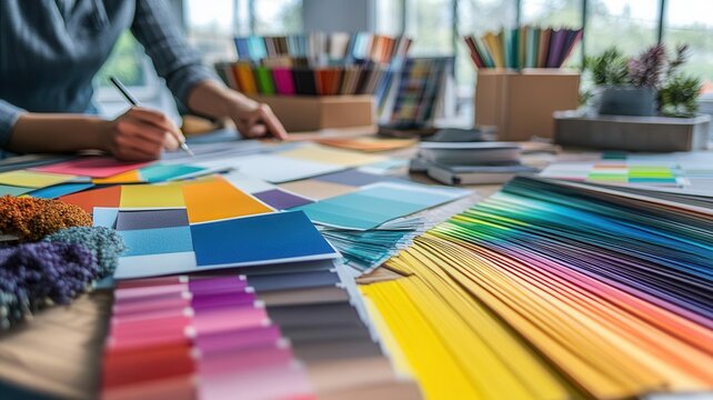 Interior designer working in a well-lit office, surrounded by color swatches, sketches, and design materials, creative workspace, color selection