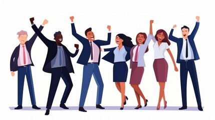 Obraz premium A group of joyful business professionals raise their hands in celebration, exuding a sense of achievement and team spirit.